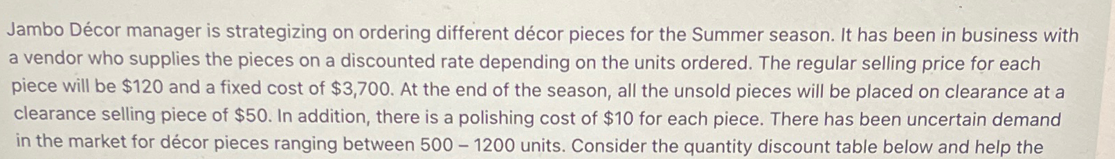  Jambo Dcor manager is strategizing on ordering different dcor pieces for