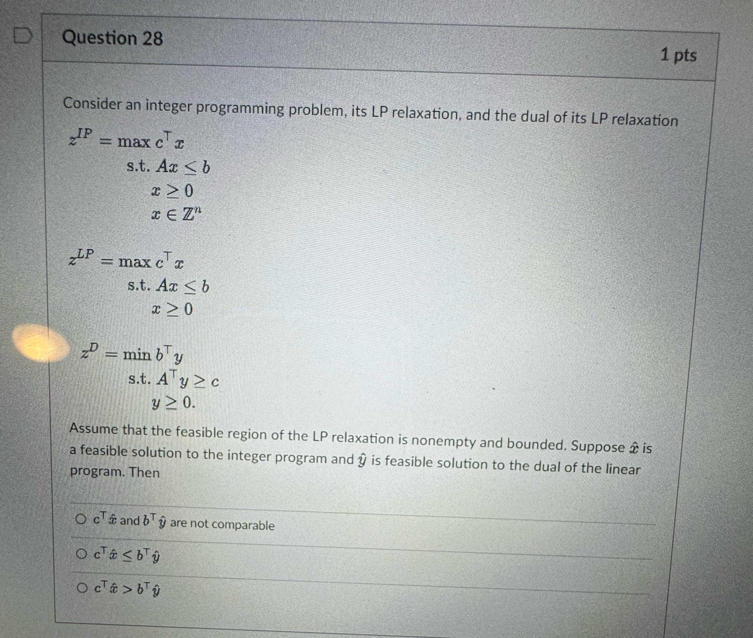 Question 28 1 pts Consider an integer programming problem, its LP