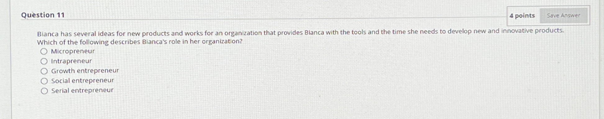  Question 11 4 points Bianca has several ideas for new products