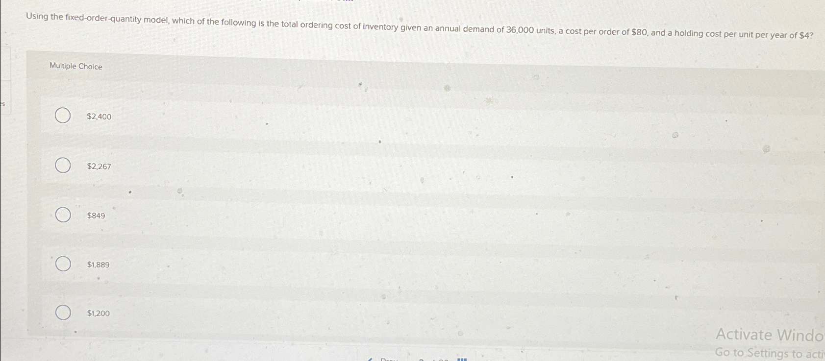  Multiple Choice $2,400 $2,267 $849 $1,889 $1,200 Activate Windo Go to