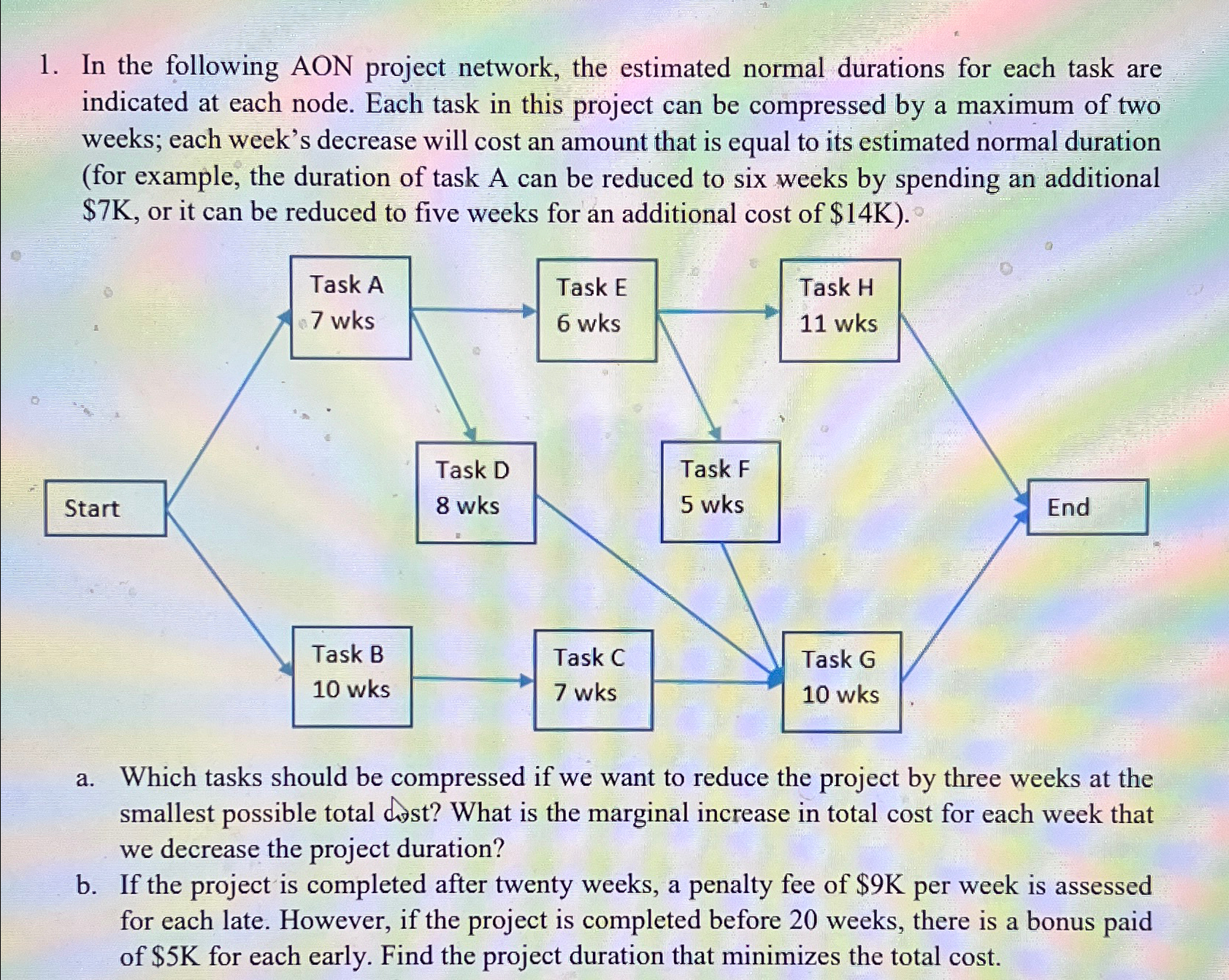  In the following AON project network, the estimated normal durations for