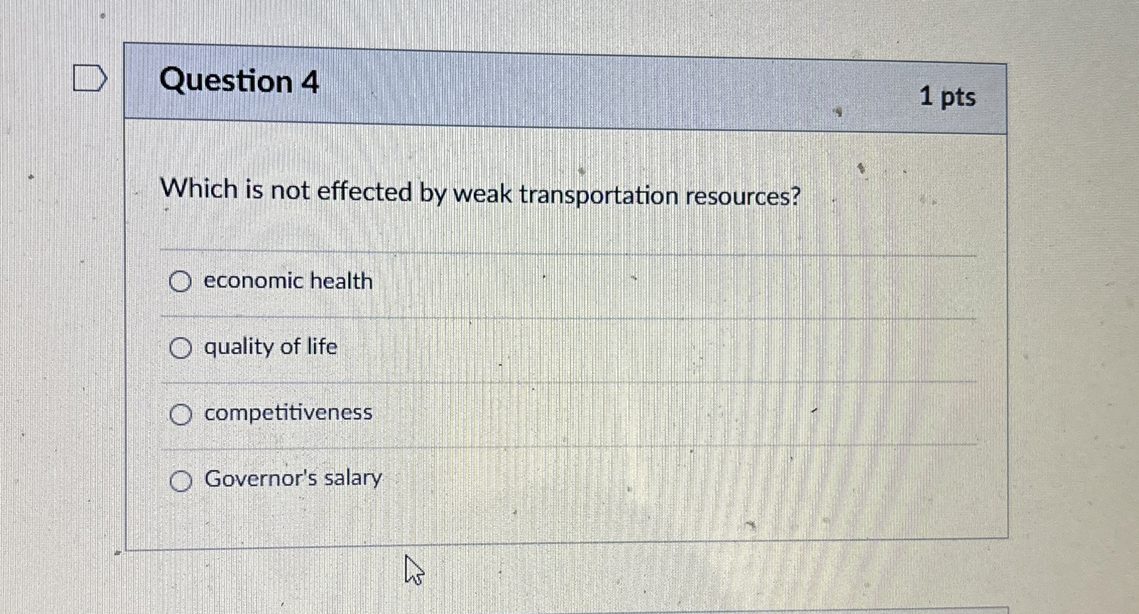  Question 4 1 pts Which is not effected by weak transportation