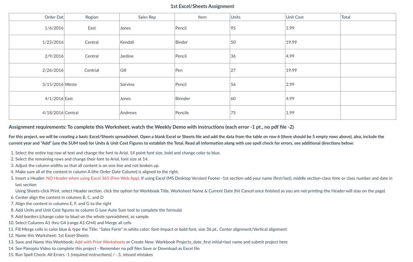  1st Excel/Sheets Assignment Assignment requirements: To complete this Worksheet, watch the