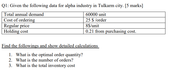  Q1: Given the following data for alpha industry in Tulkarm city.