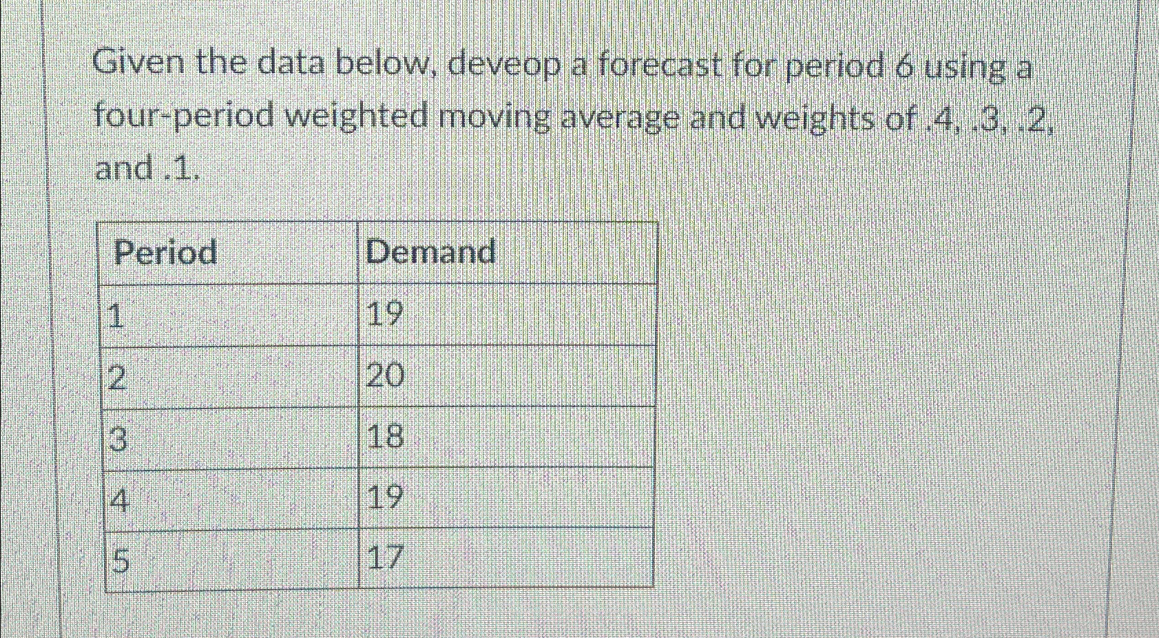  Given the data below, deveop a forecast for period 6 using