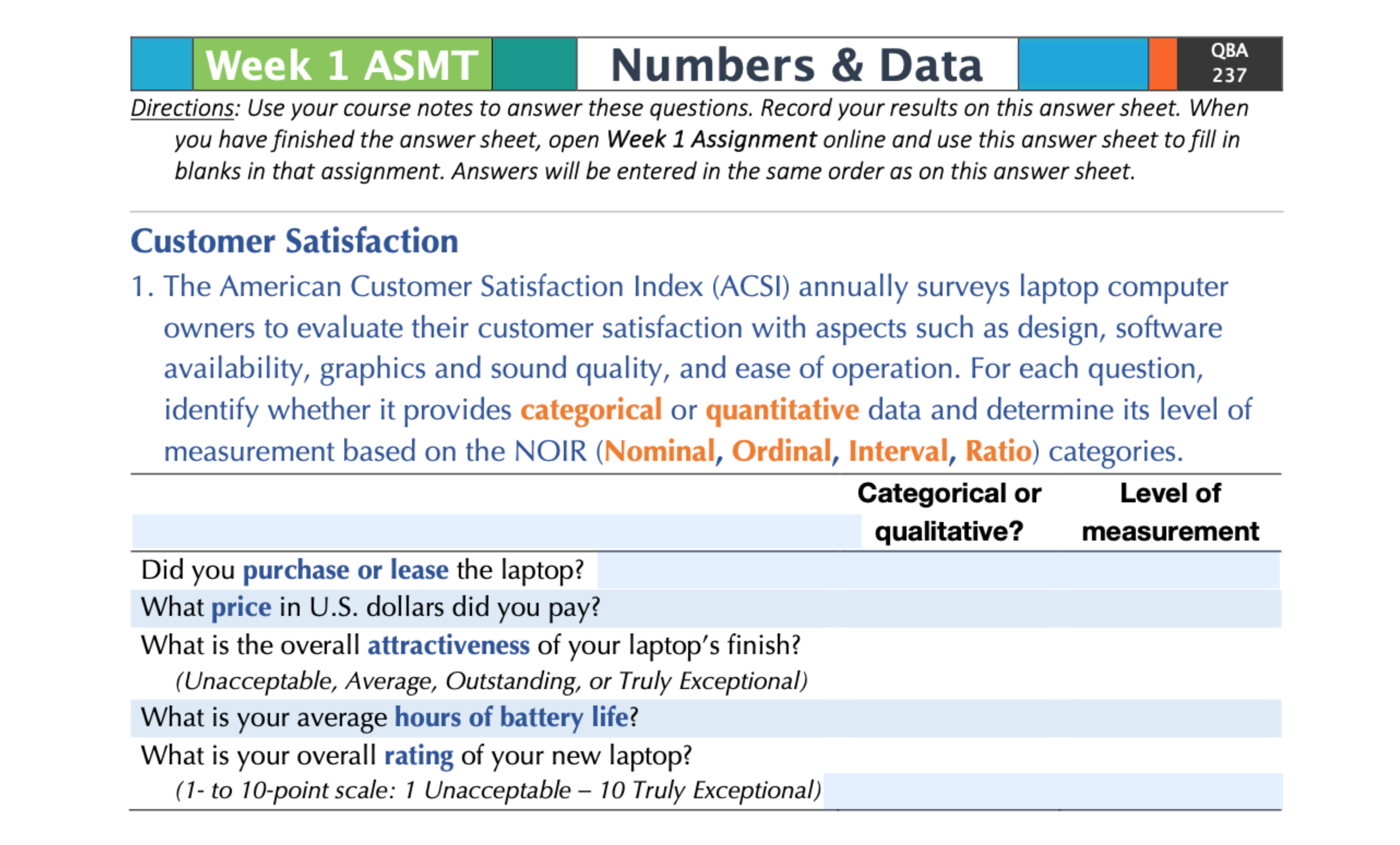  Week 1 ASMT , Numbers & Data Directions: Use your course