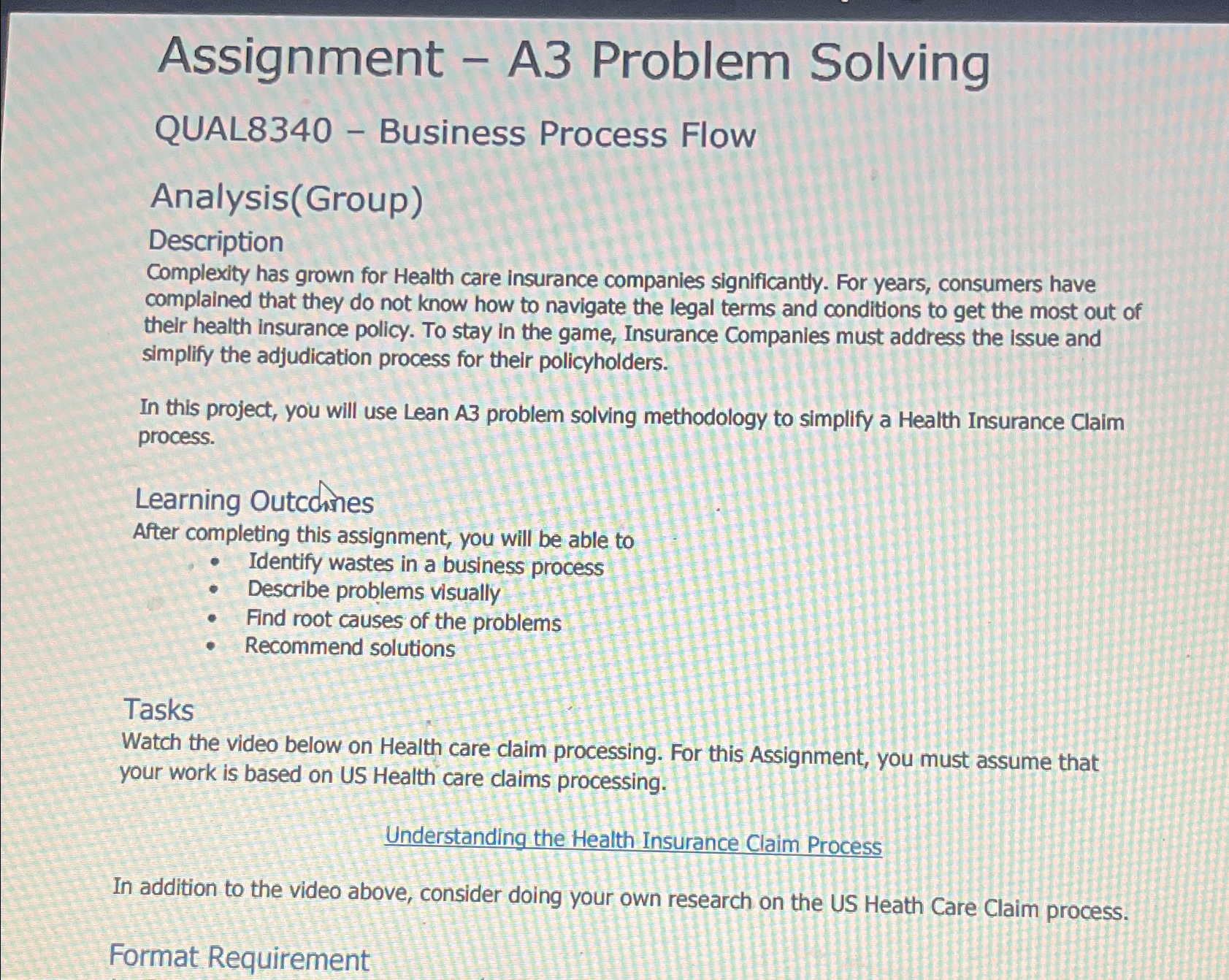  Assignment - A3 Problem Solving QUAL8340- Business Process Flow Analysis(Group) Description