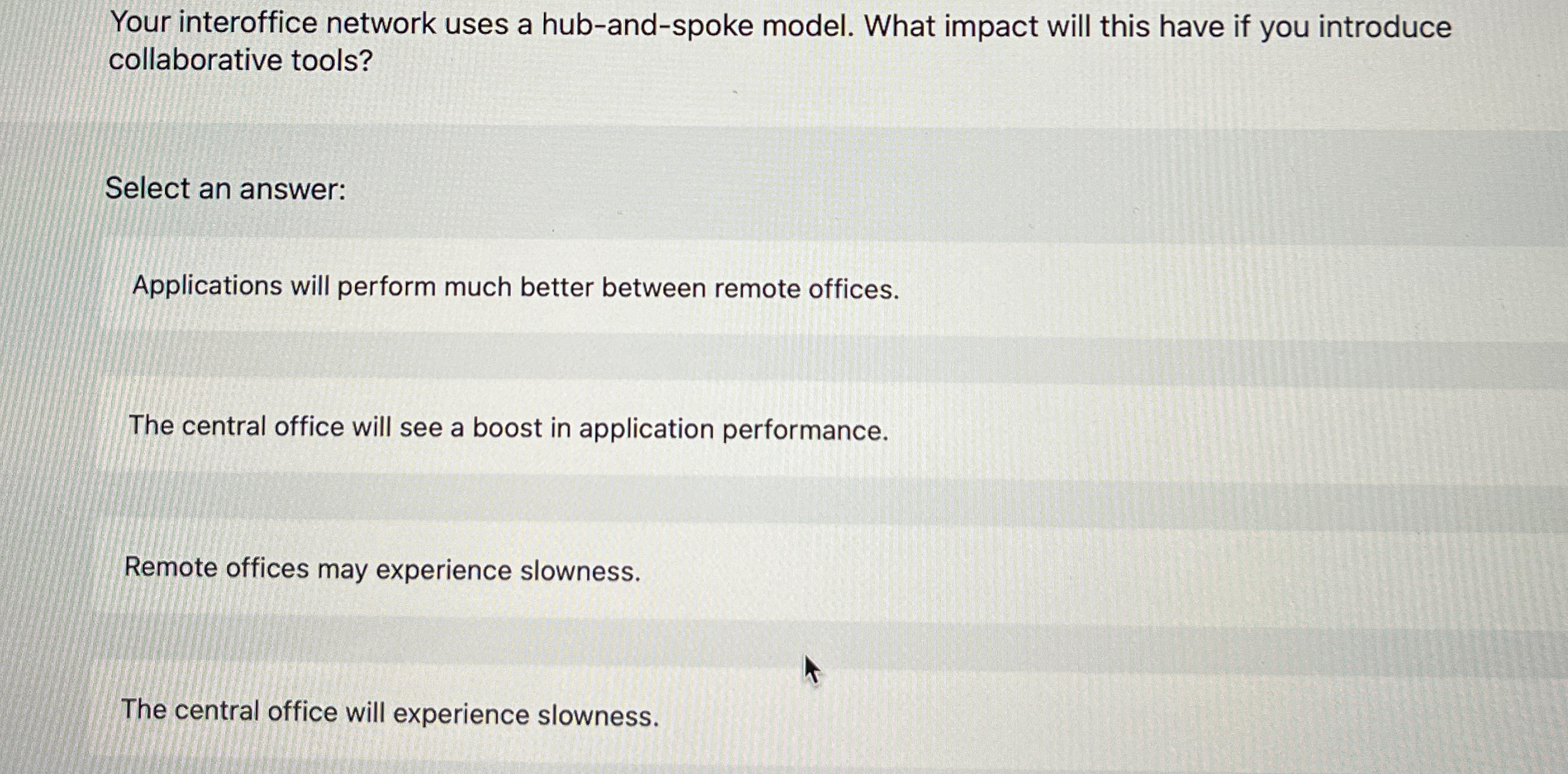  Your interoffice network uses a hub-and-spoke model. What impact will this