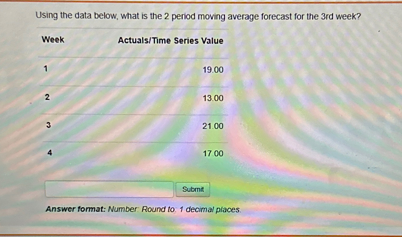  Using the data below, what is the 2 period moving average