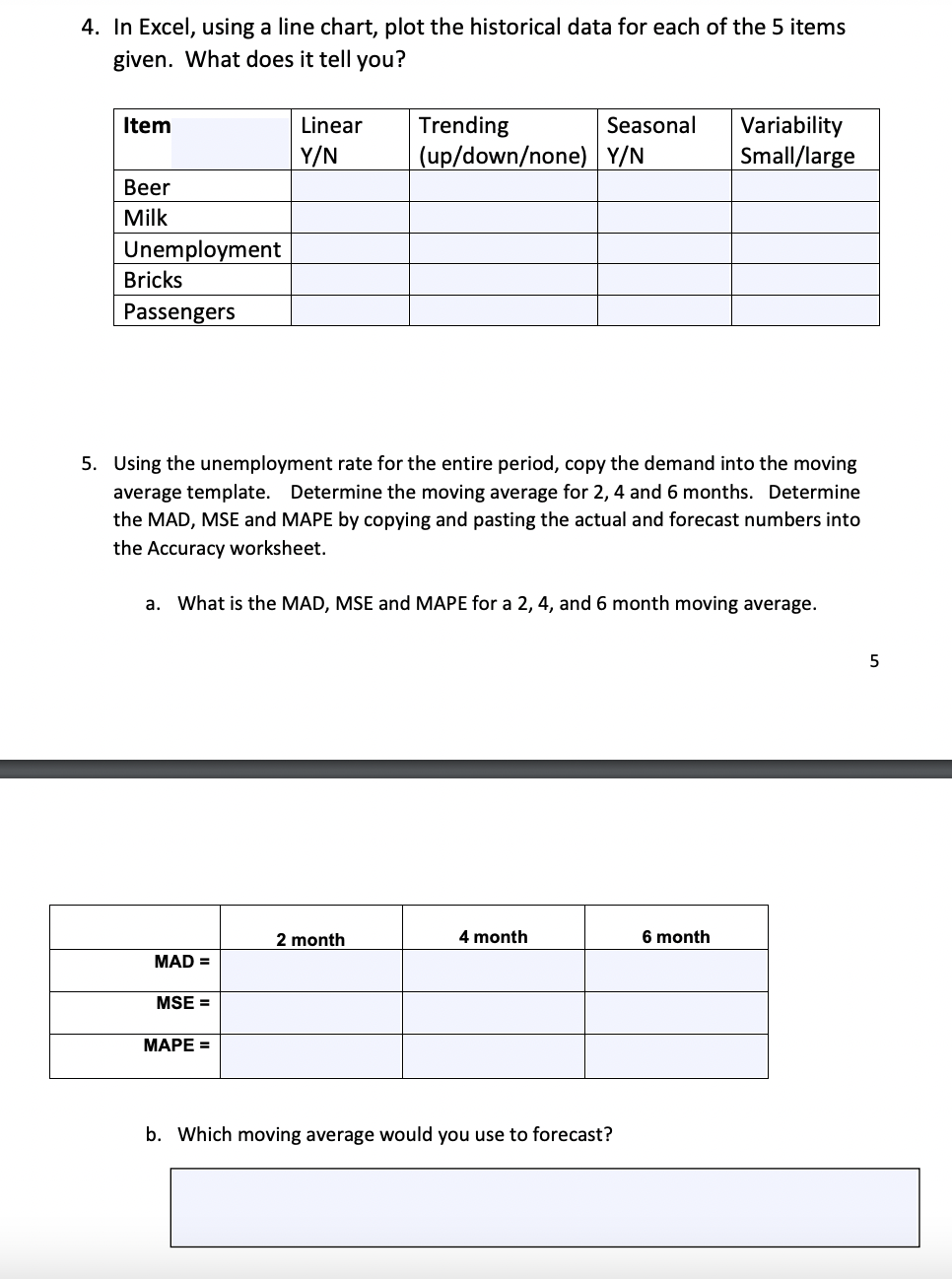  In Excel, using a line chart, plot the historical data for