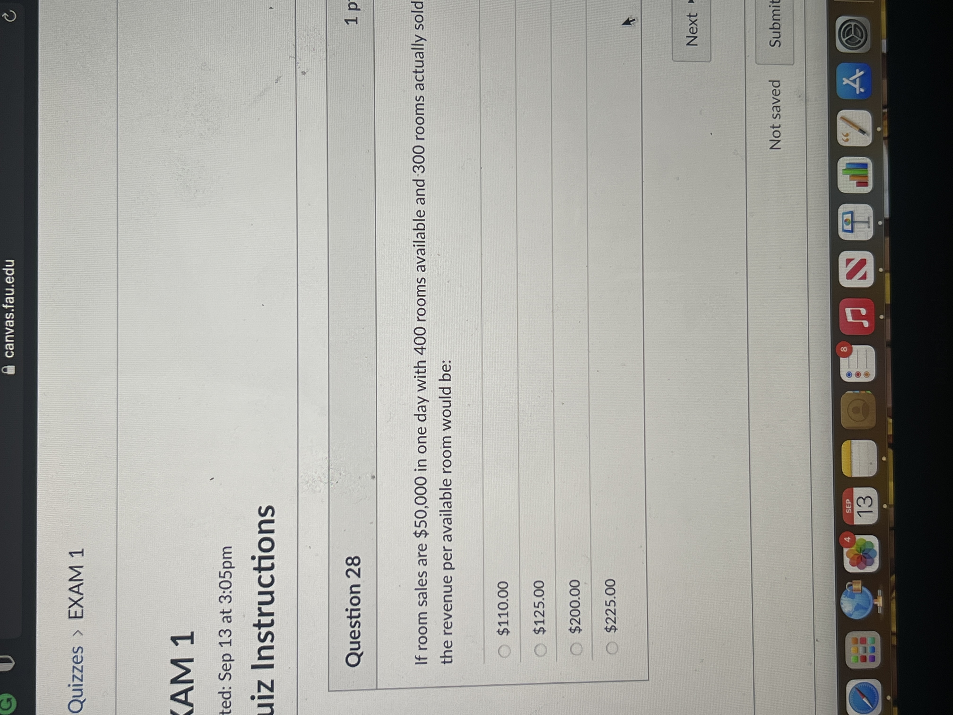  Question 28 If room sales are $50,000 in one day with