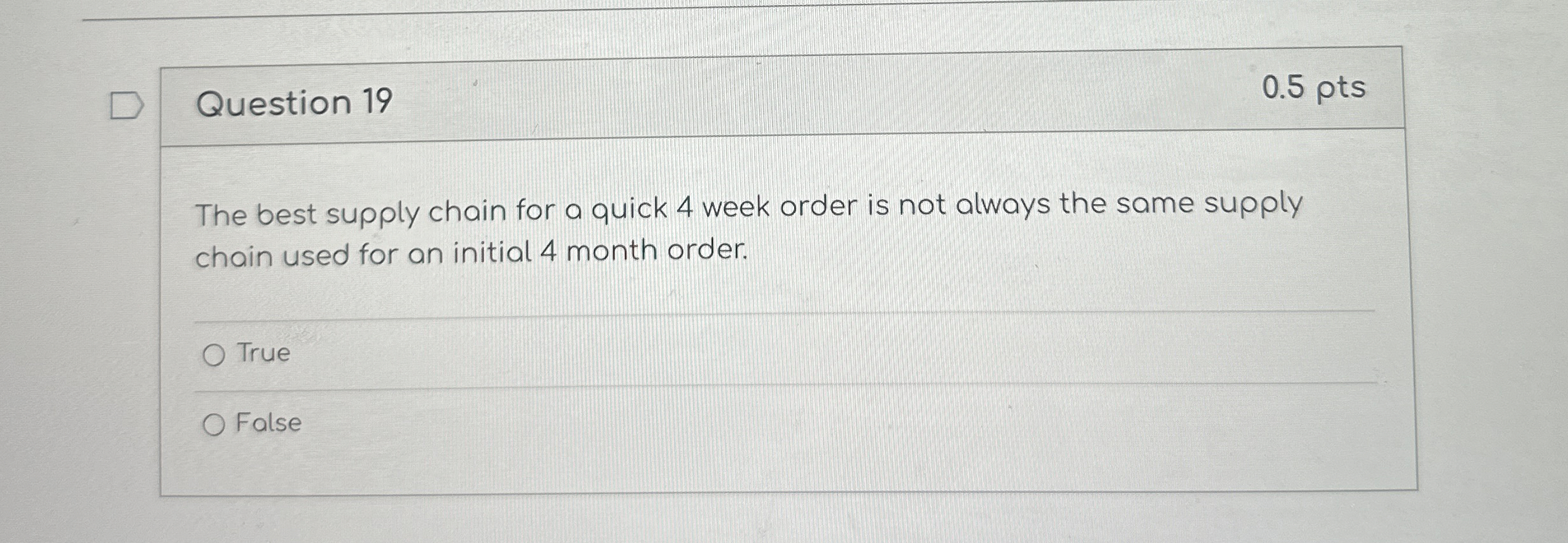  Question 19 0.5 pts The best supply chain for a quick