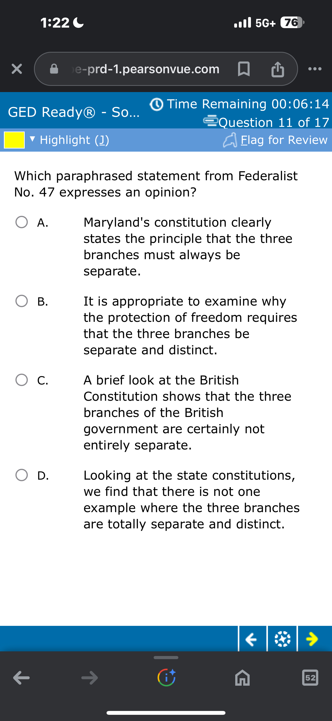  all 5G+ (76) e-prd-1.pearsonvue.com GED Ready- So... (1) Time Remaining 00:06:14