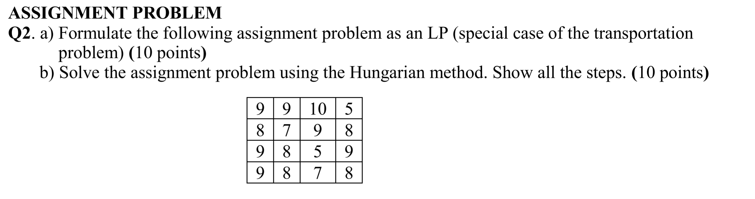  ASSIGNMENT PROBLEM Q2. a) Formulate the following assignment problem as an