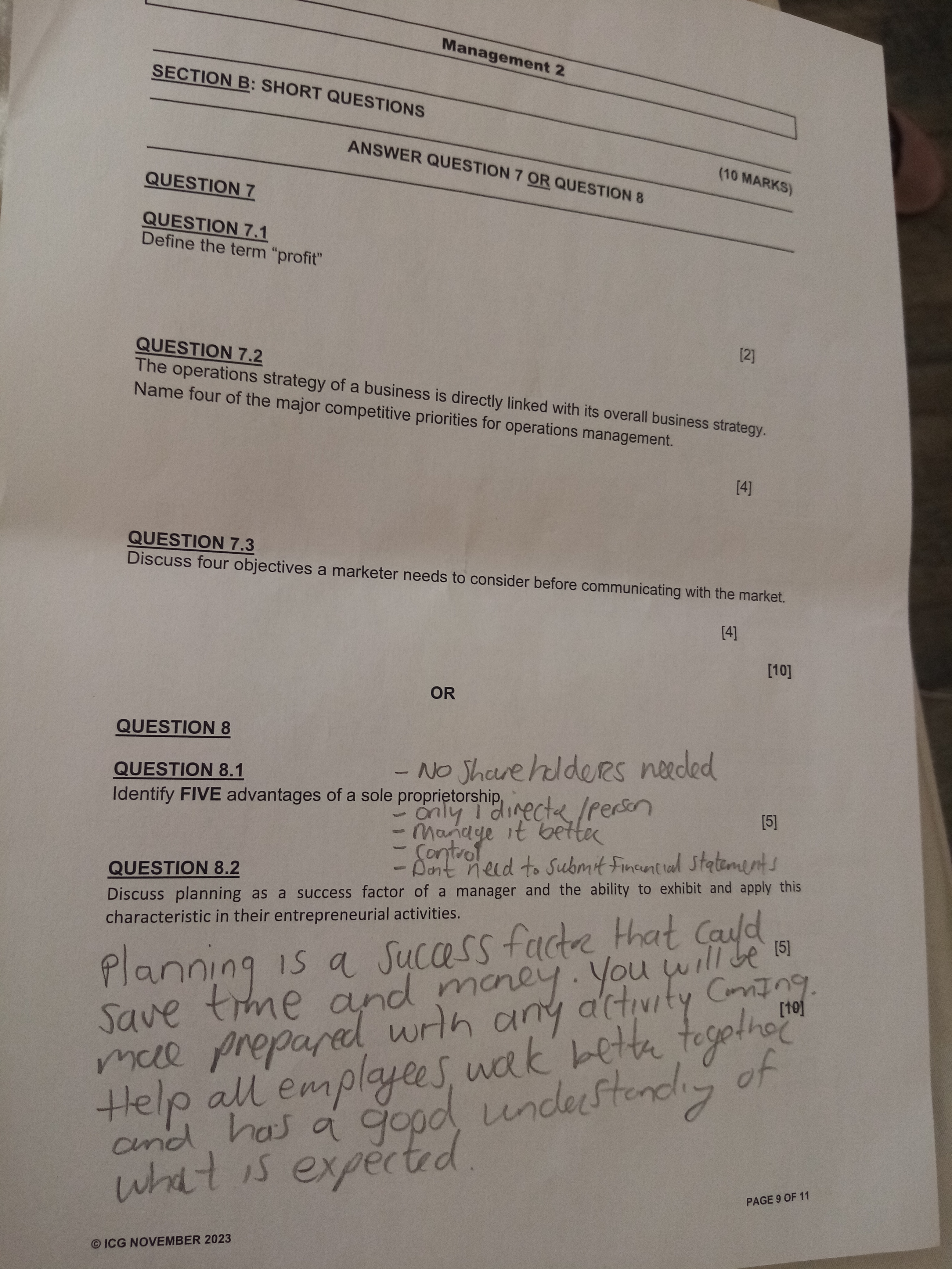  QUESTION 7.1 Define the term "profit" QUESTION 7.2 The operations strategy