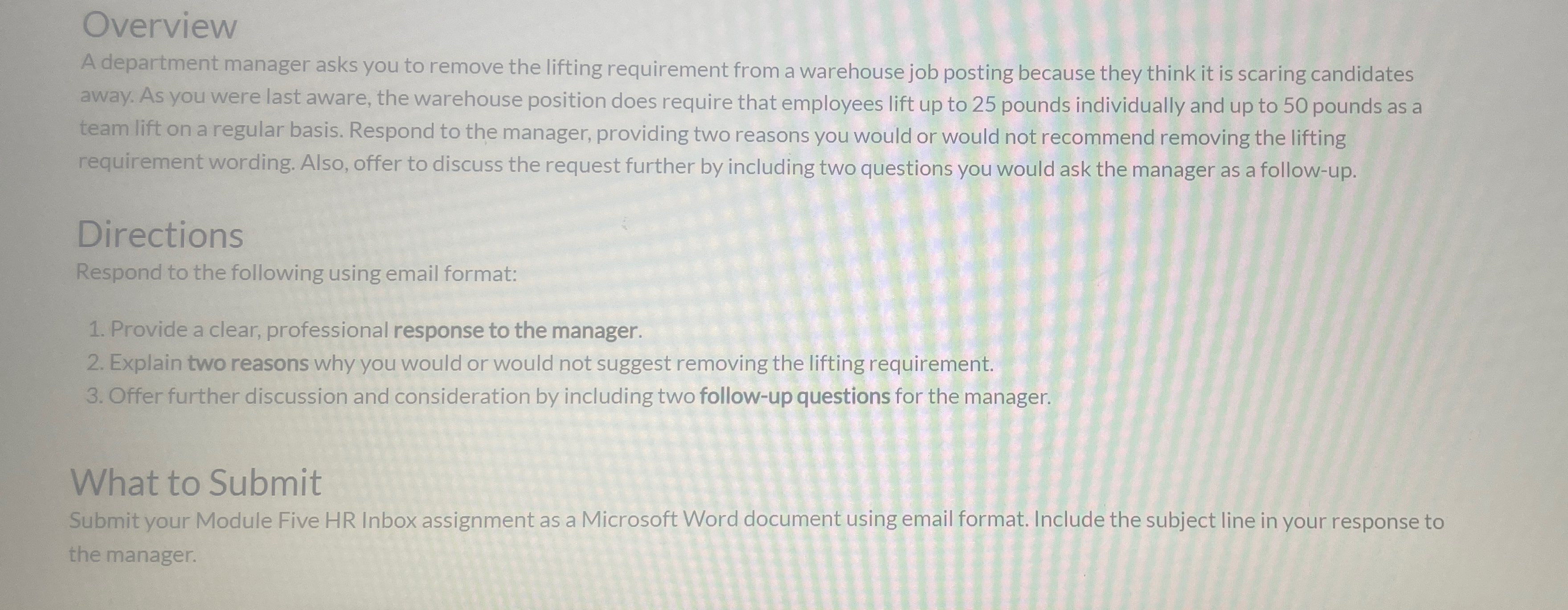  Overview A department manager asks you to remove the lifting requirement
