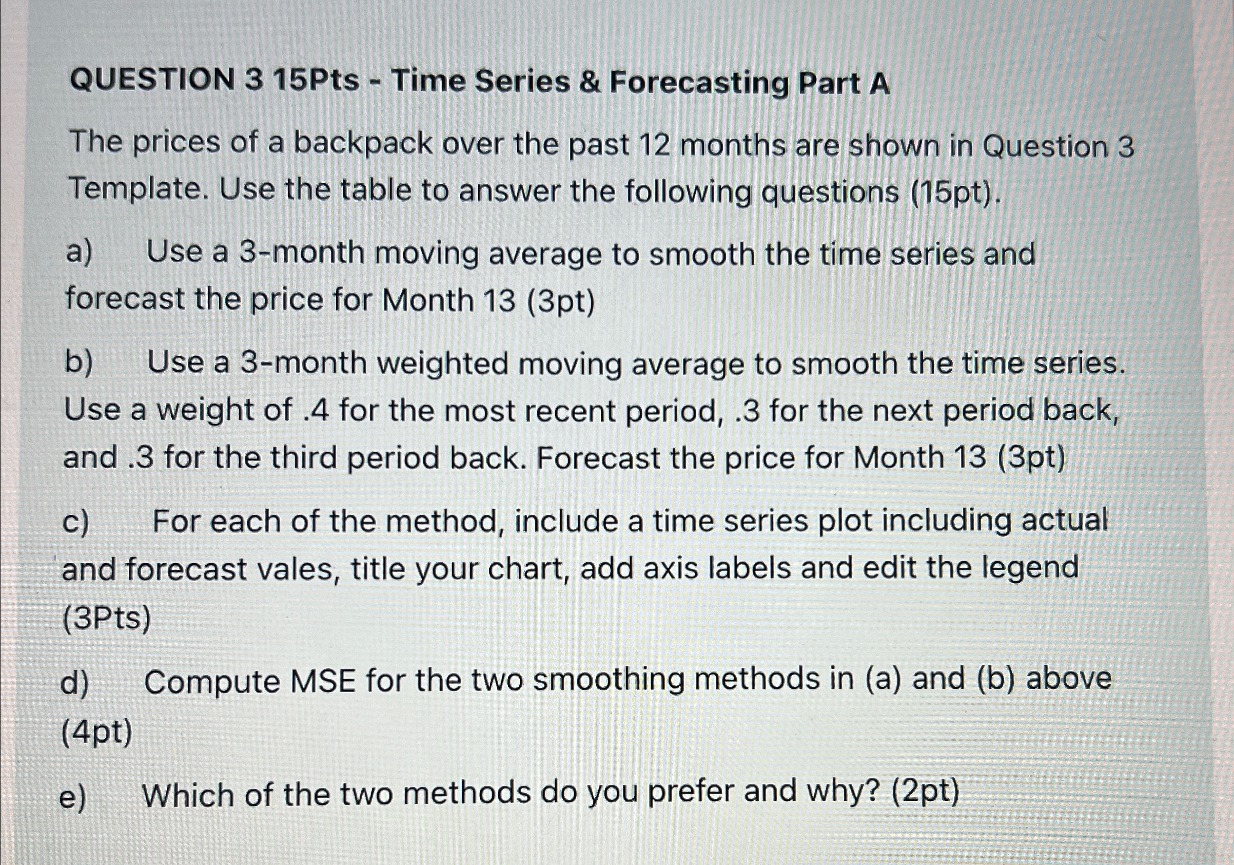  QUESTION 315Pts - Time Series & Forecasting Part A The prices