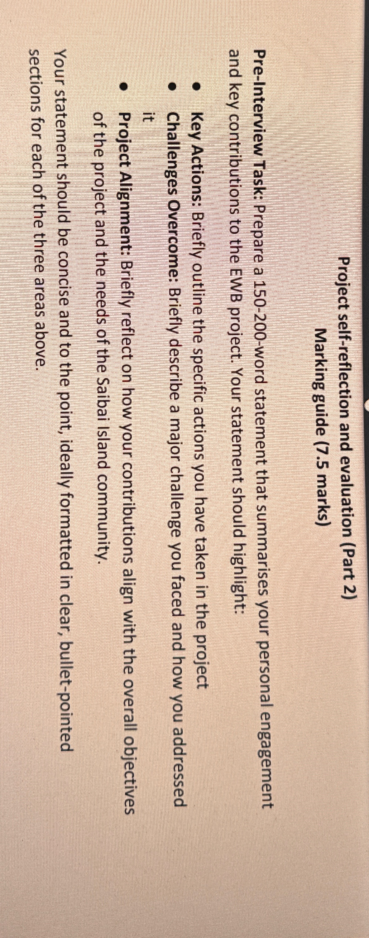  Project self-reflection and evaluation (Part 2) Marking guide (7.5 marks) Pre-Interview