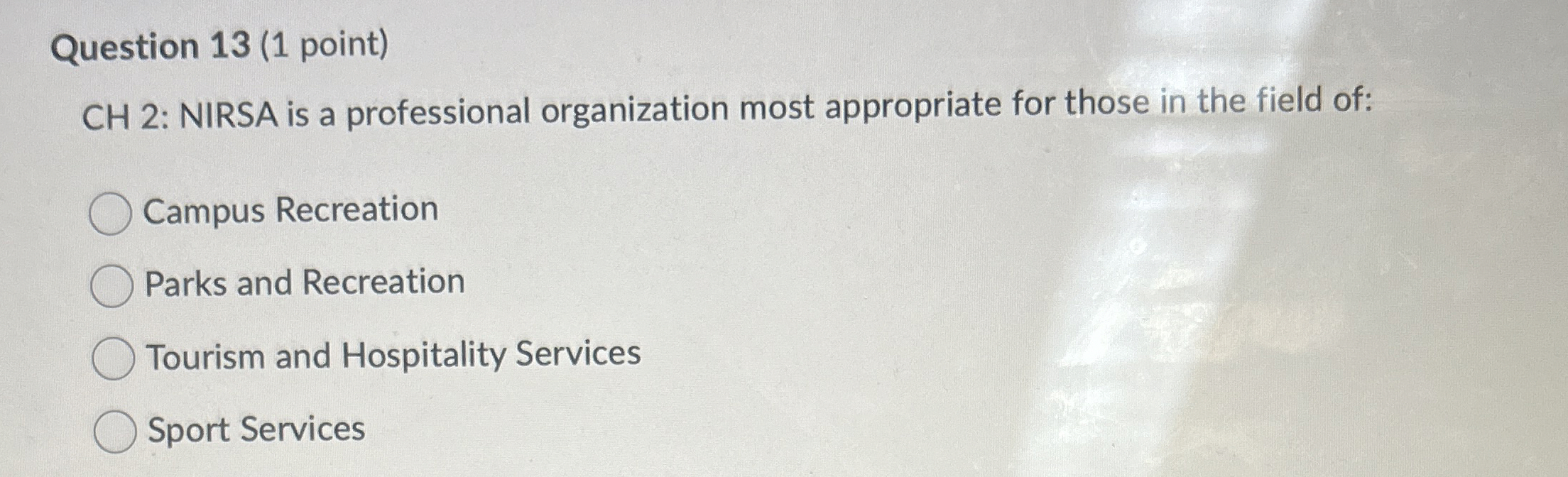  Question 13(1 point) CH 2: NIRSA is a professional organization most