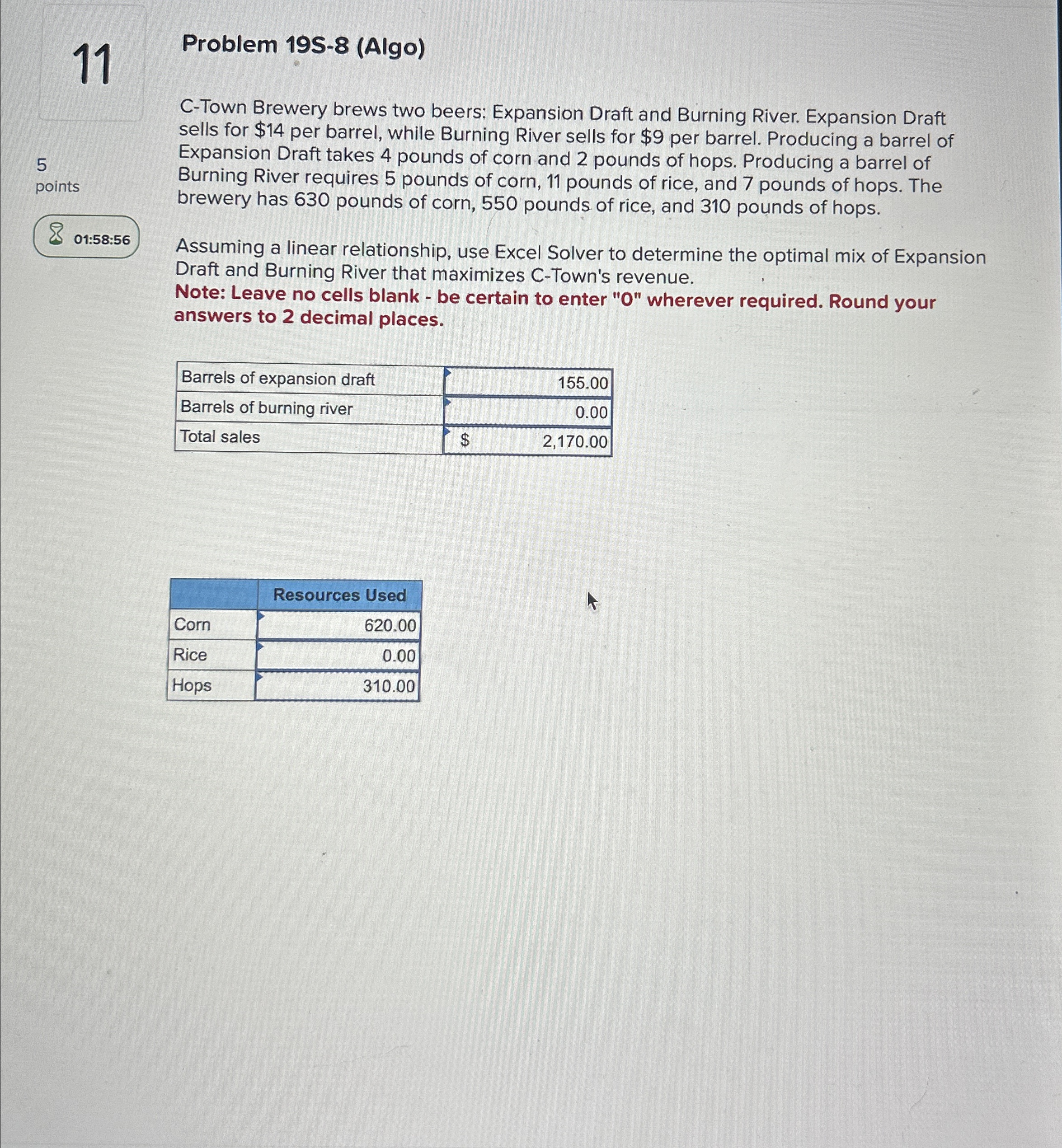  11 Problem 19S-8(Algo) C-Town Brewery brews two beers: Expansion Draft and