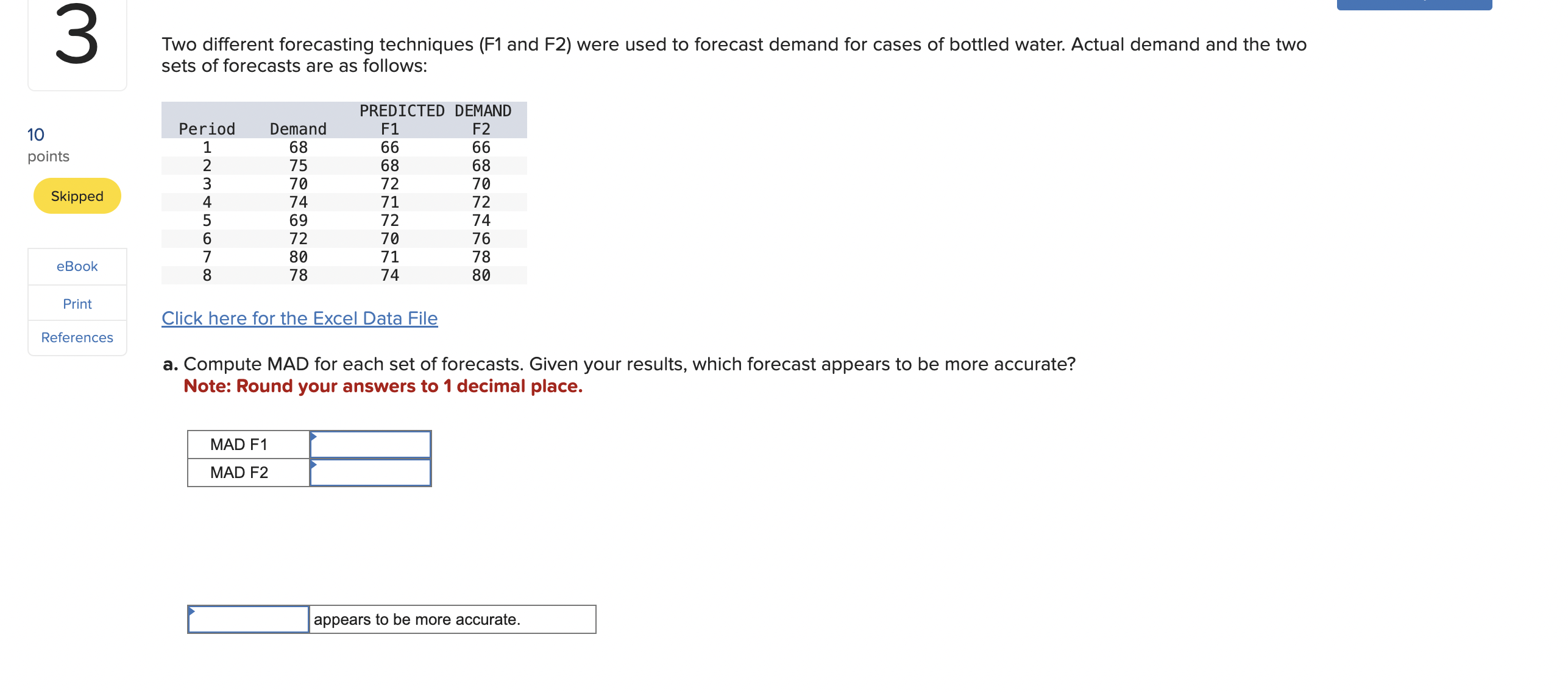  Two different forecasting techniques (F1 and F2) were used to forecast