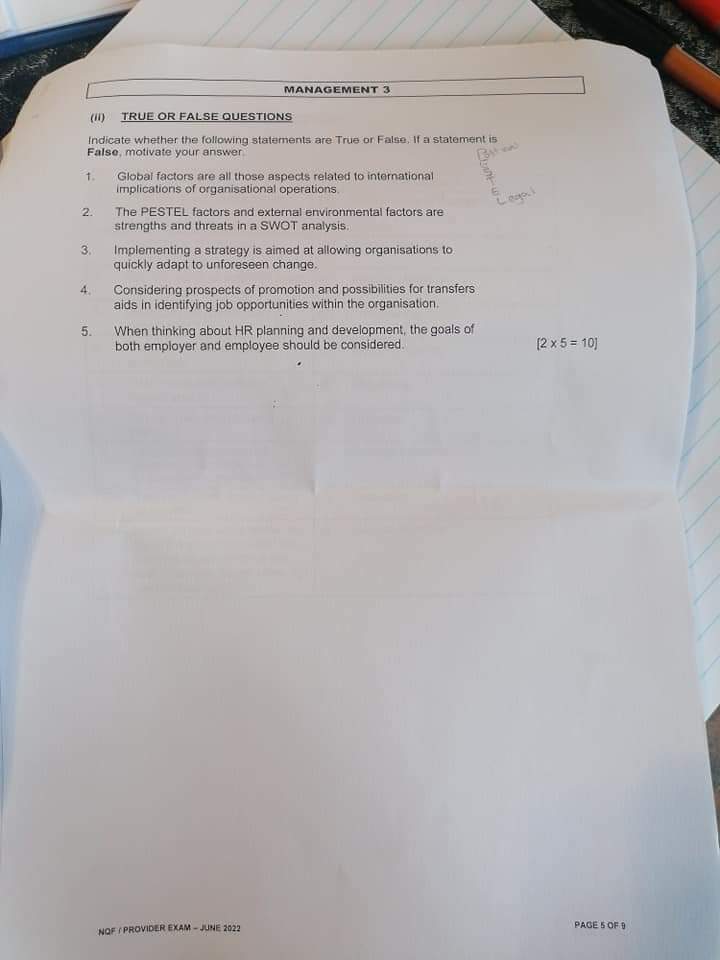  (ii) TRUE OR FALSE QUESTIONS Indicate whether the following statements are