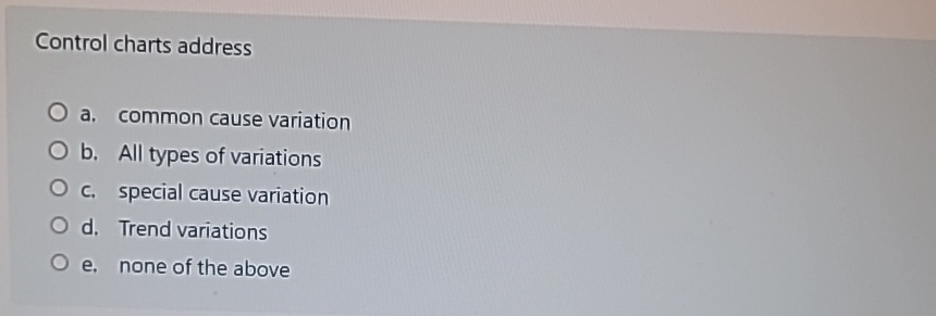  Control charts address a. common cause variation b. All types of