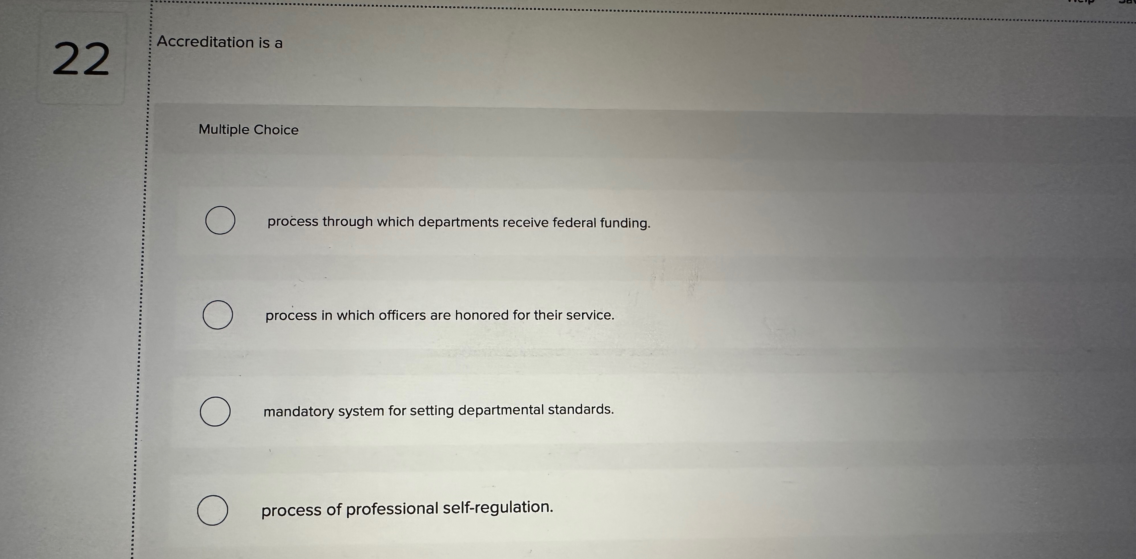  22 Accreditation is a Multiple Choice process through which departments receive
