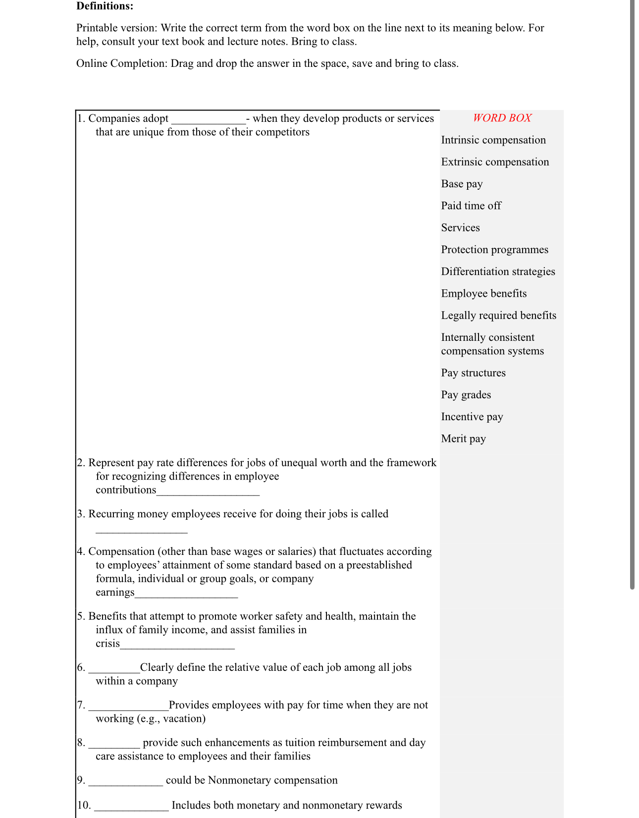  Definitions: Printable version: Write the correct term from the word box