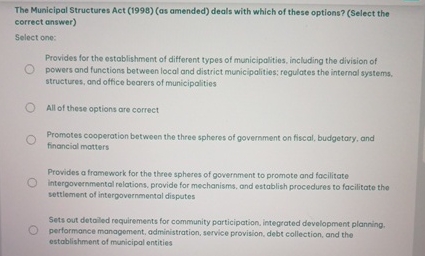  The Municipal Structures Act (1998)(as amended) deals with which of these