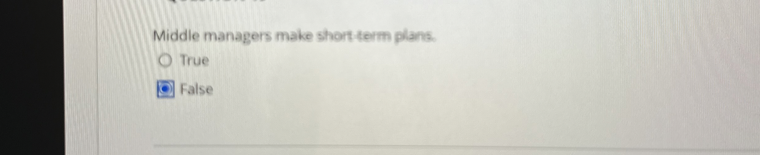  Middle managers make short term plans. True False 