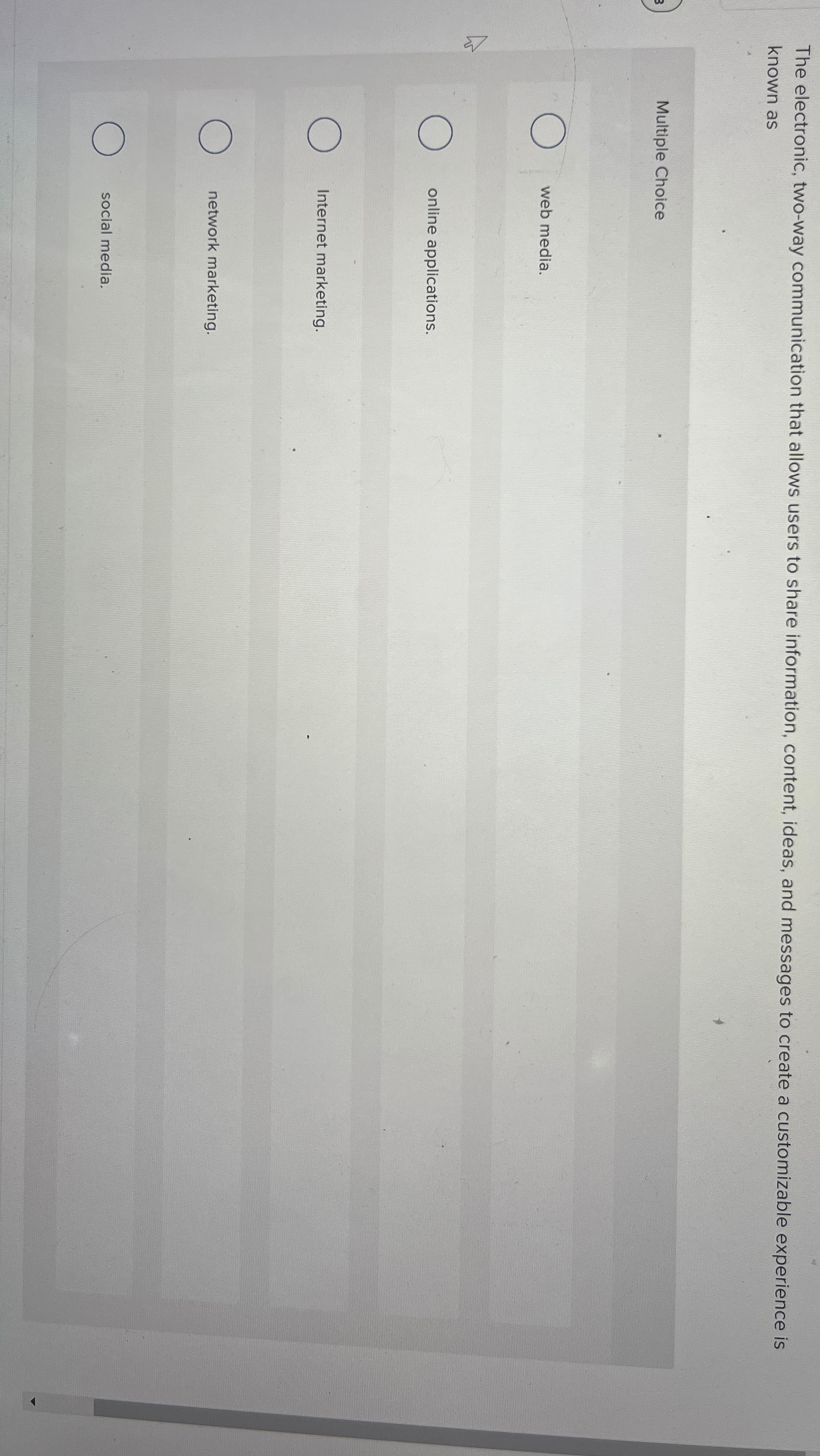  The electronic, two-way communication that allows users to share information, content,
