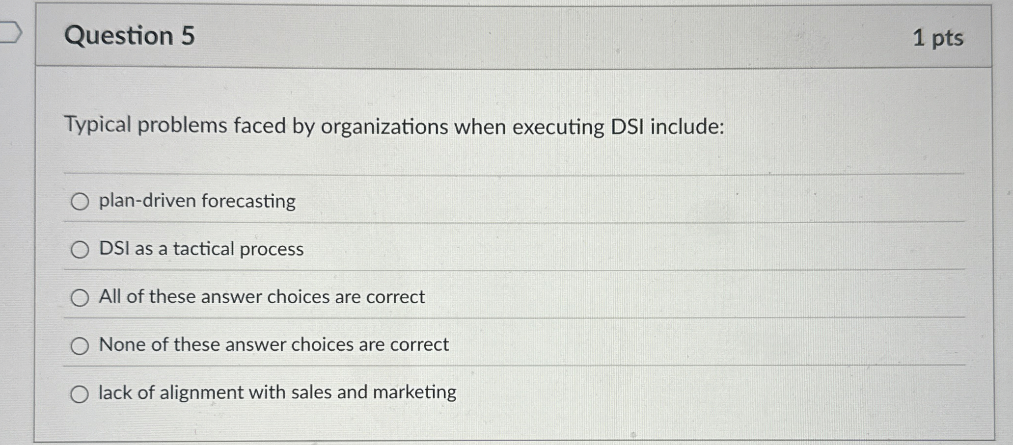  Question 5 Typical problems faced by organizations when executing DSI include: