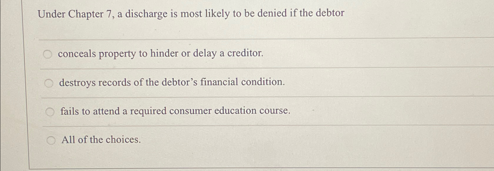  Under Chapter 7, a discharge is most likely to be denied