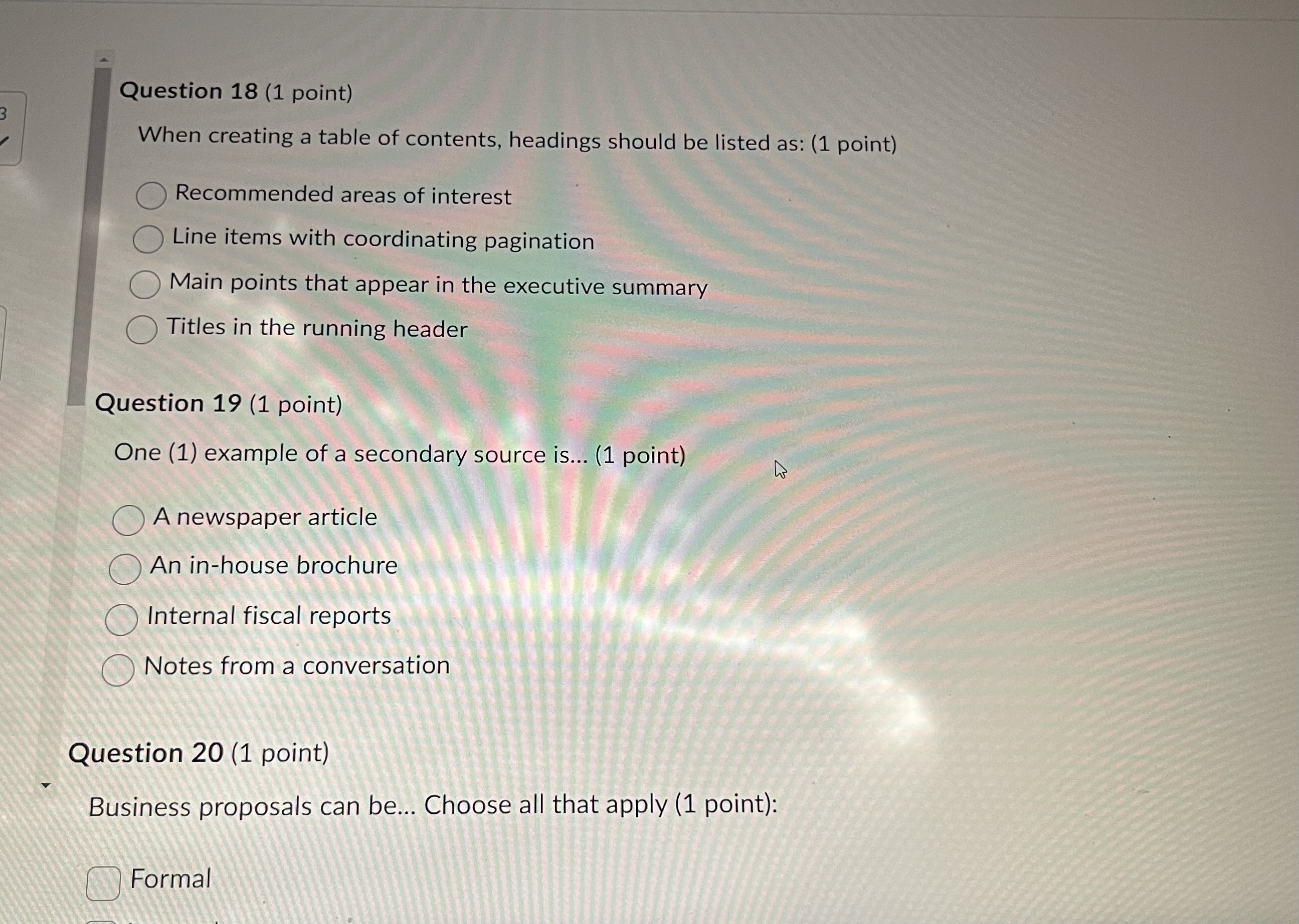  Question 18(1 point) When creating a table of contents, headings should