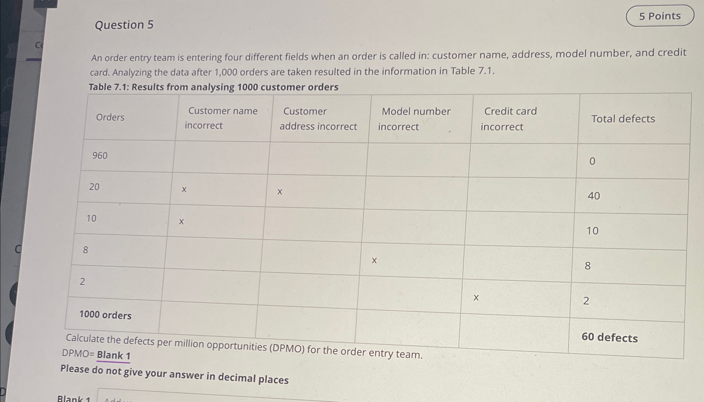  Question 5 An order entry team is entering four different fields