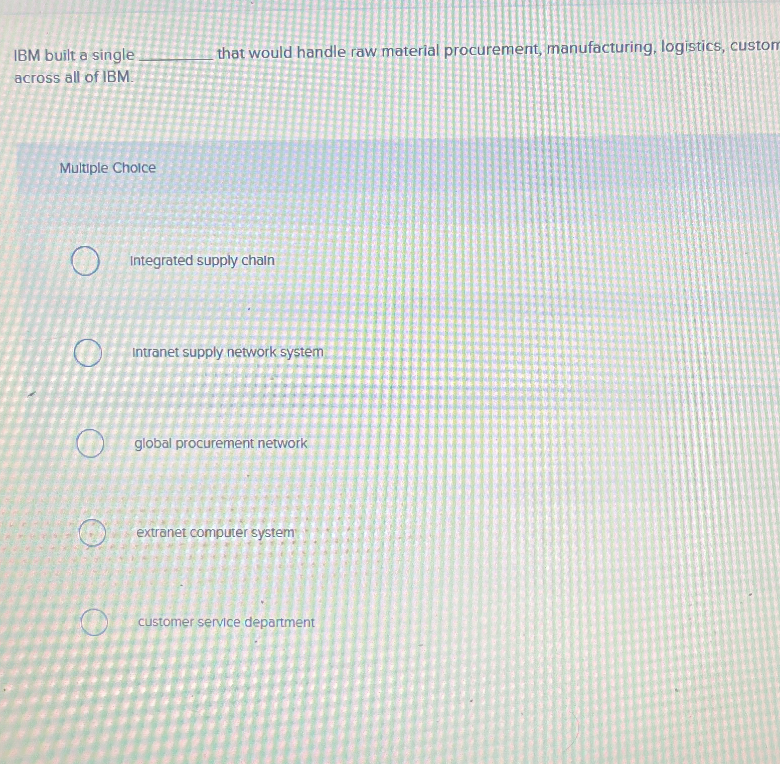  IBM built a single that would handle raw material procurement, manufacturing,
