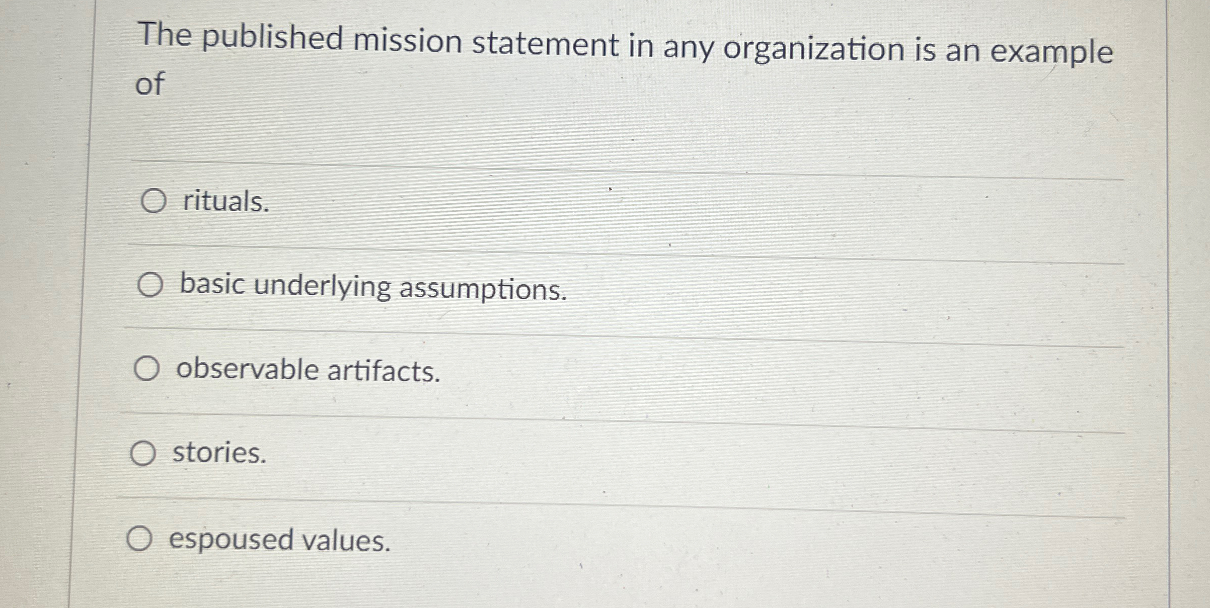  The published mission statement in any organization is an example of