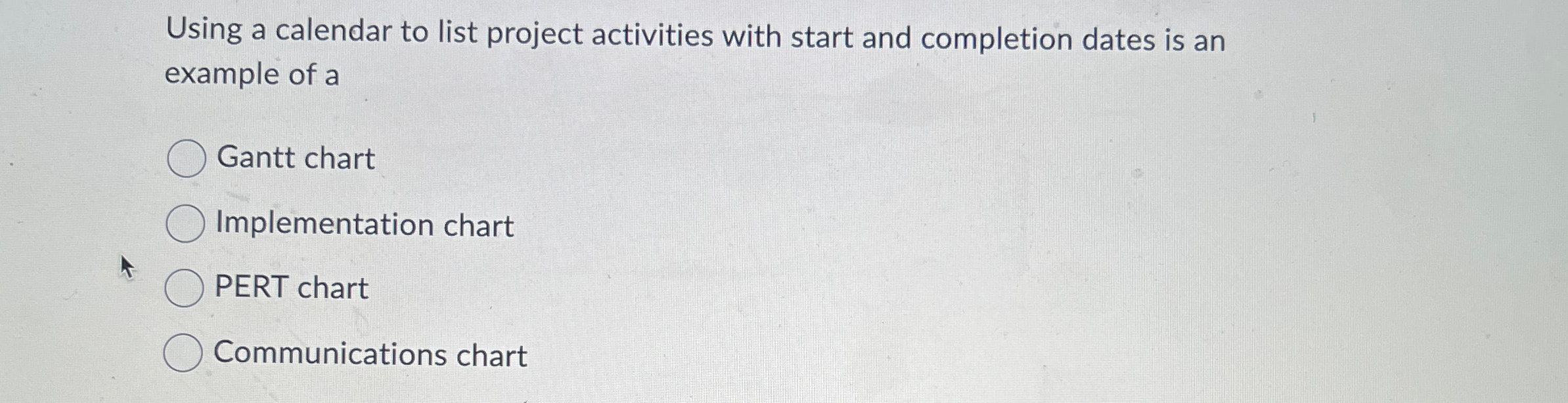  Using a calendar to list project activities with start and completion