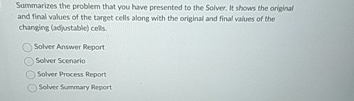  Summarizes the problem that you have presented to the Solver. It