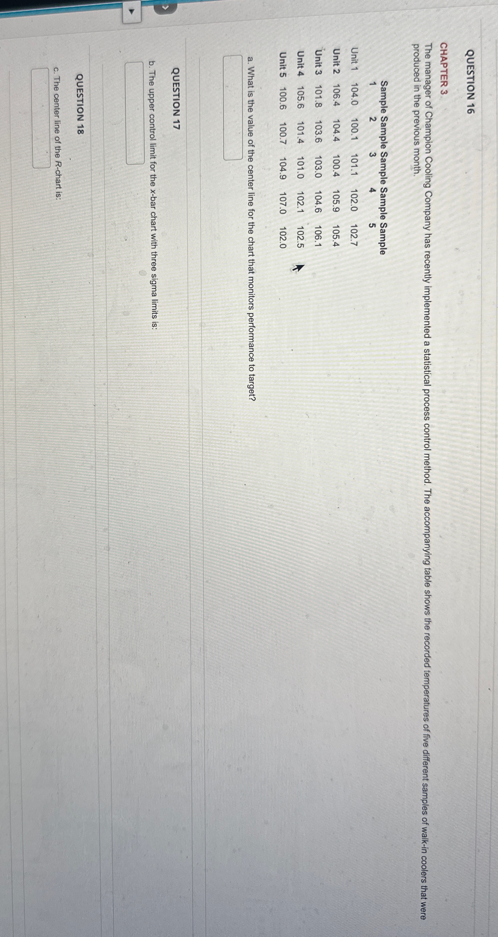  QUESTION 16 CHAPTER 3 produced in the previous month. \table[[,Sample Sample