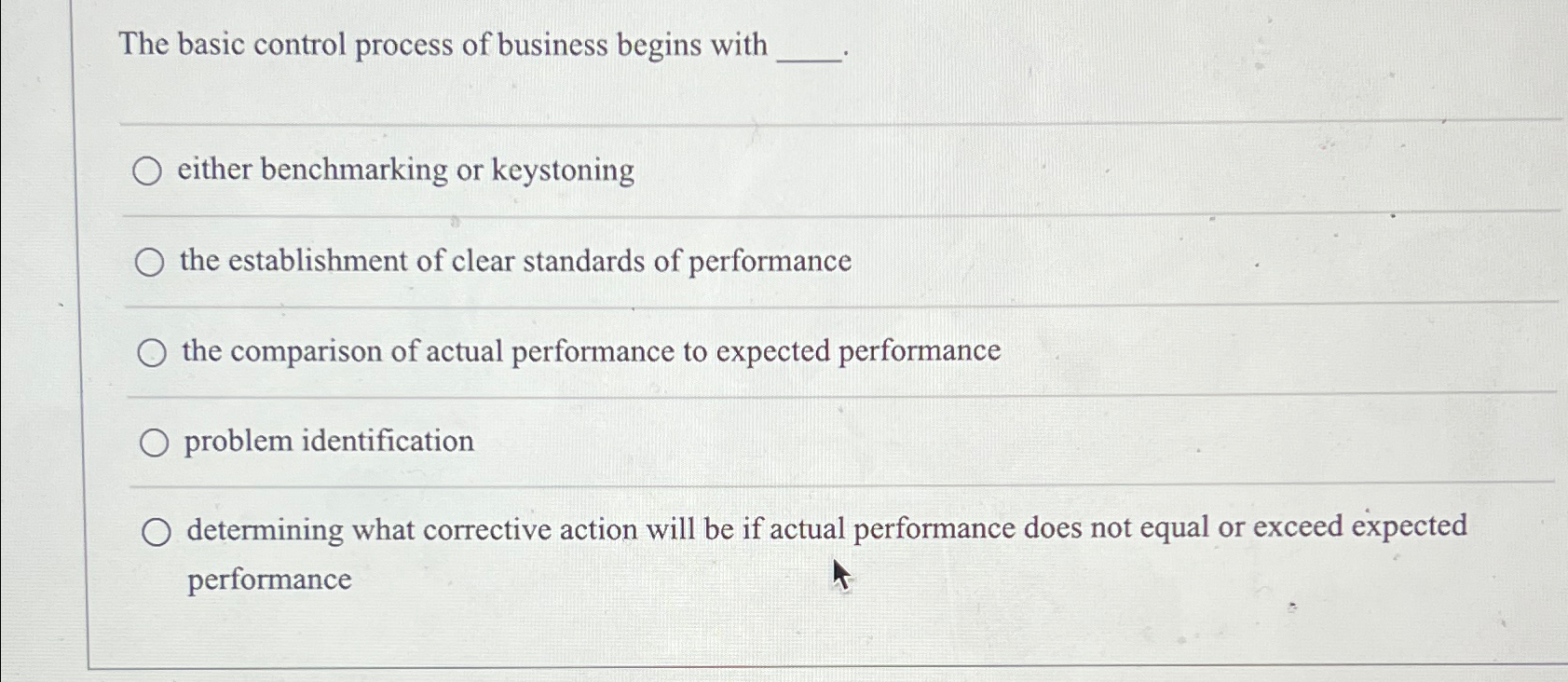  The basic control process of business begins with either benchmarking or