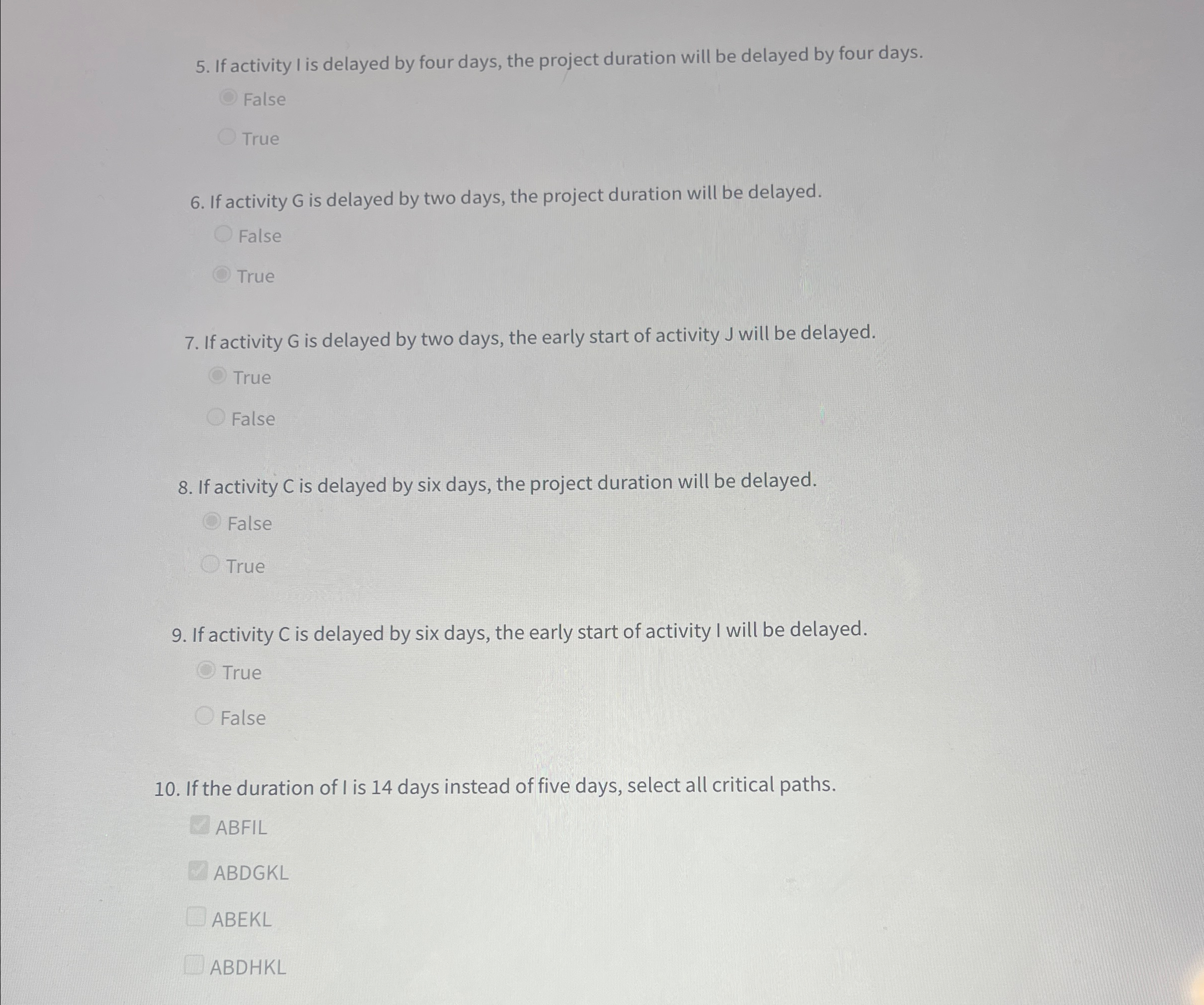  If activity I is delayed by four days, the project duration