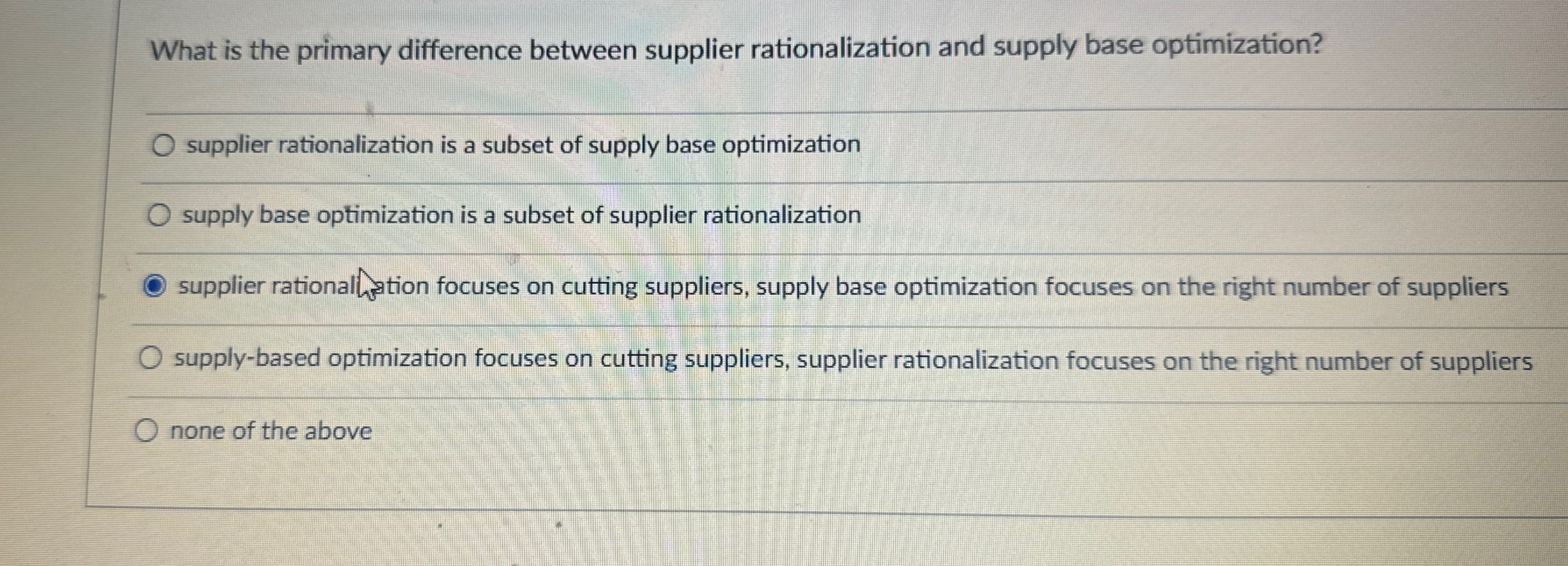  What is the primary difference between supplier rationalization and supply base