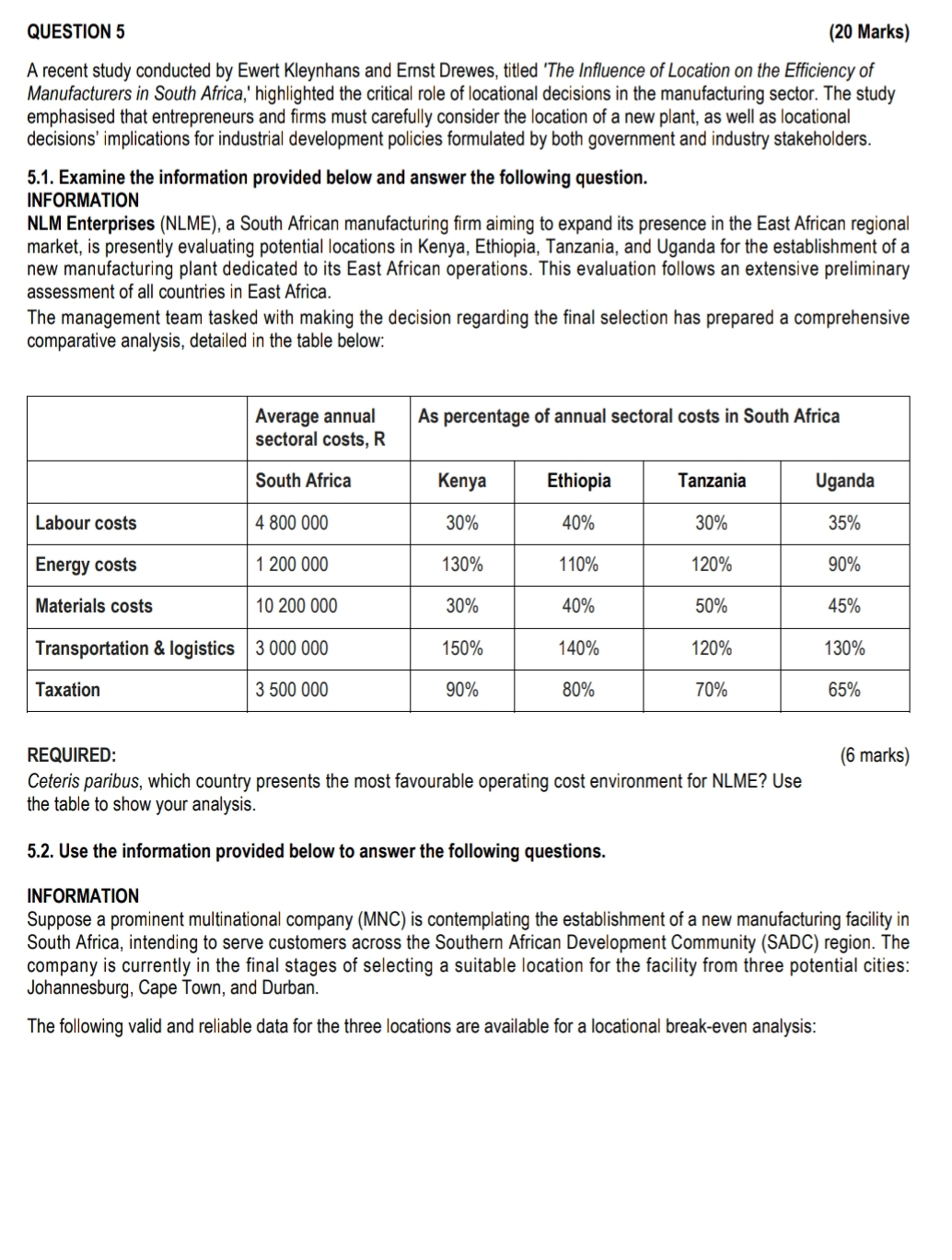  QUESTION 5 (20 Marks) A recent study conducted by Ewert Kleynhans