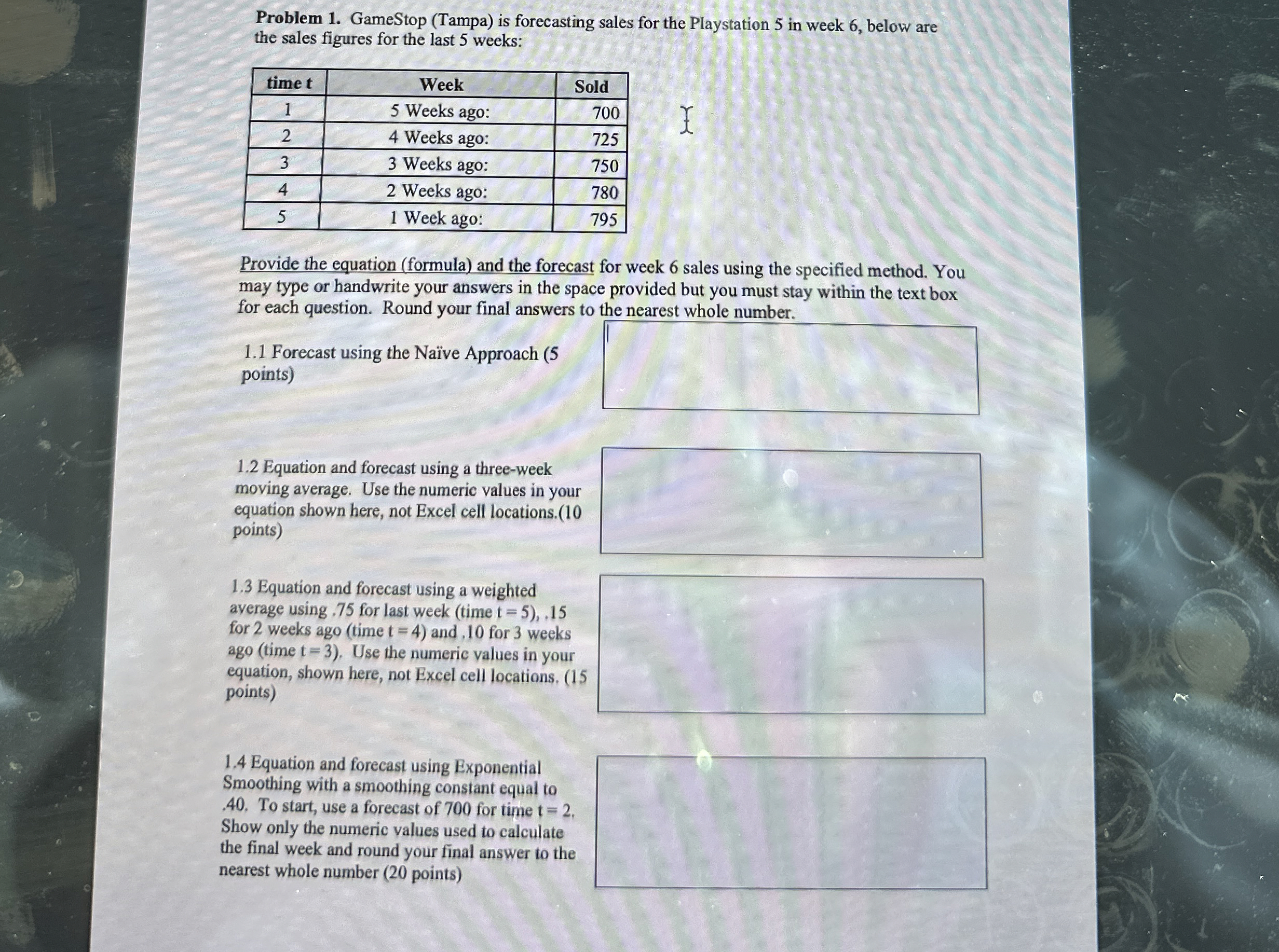  Problem 1. GameStop (Tampa) is forecasting sales for the Playstation 5