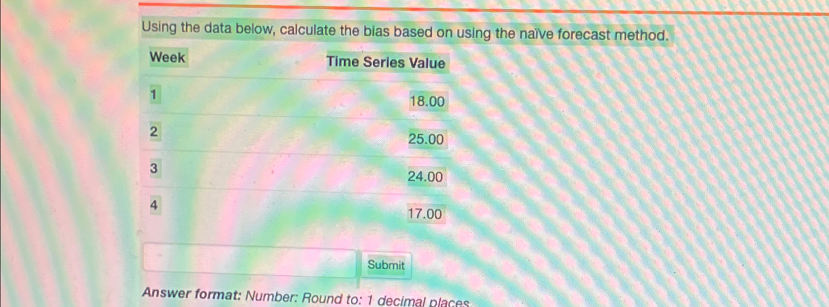  Using the data below, calculate the bias based on using the