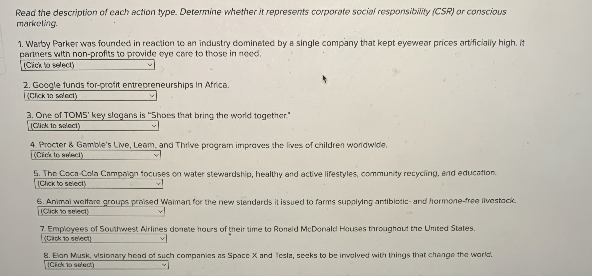  Read the description of each action type. Determine whether it represents