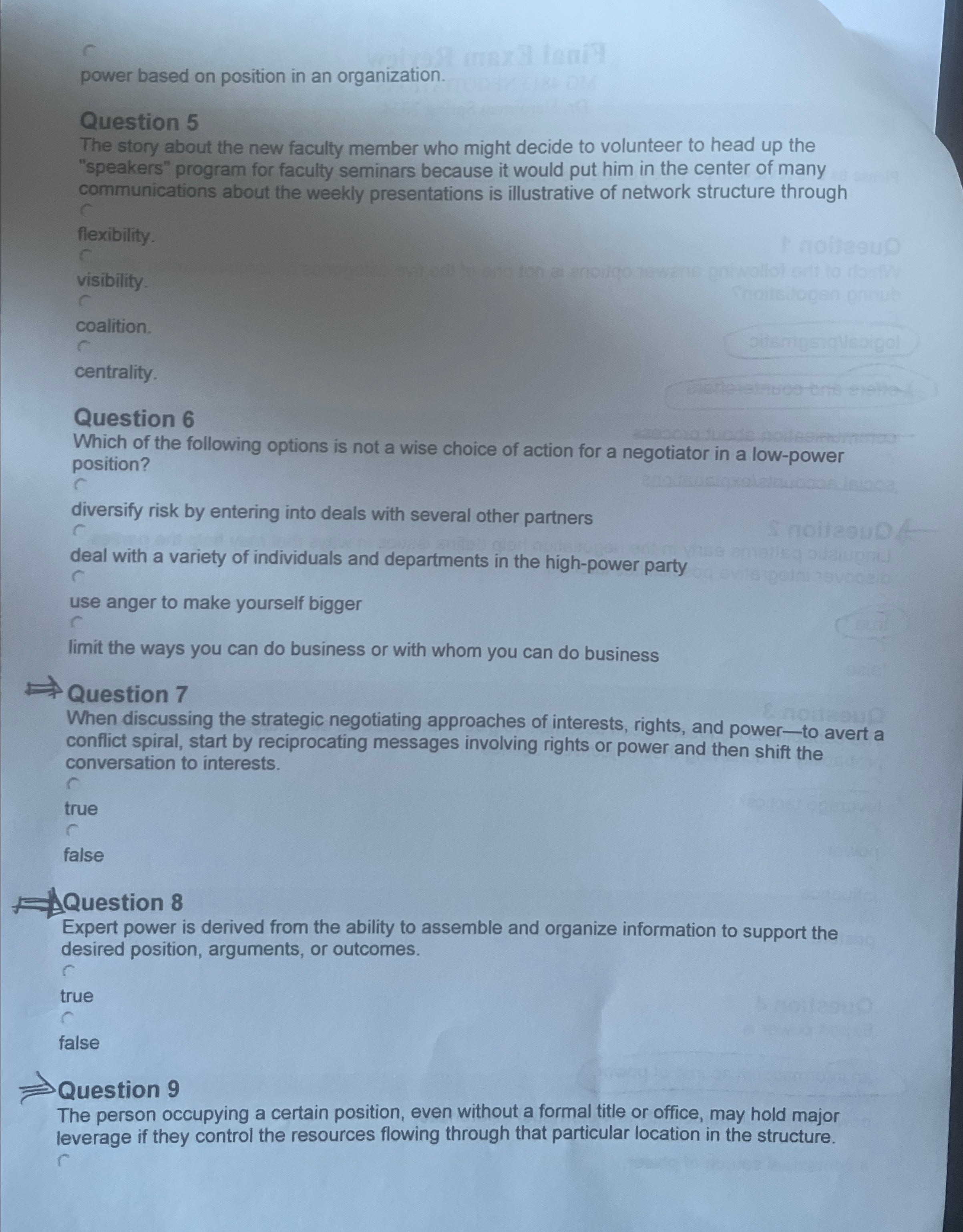  power based on position in an organization. Question 5 The story