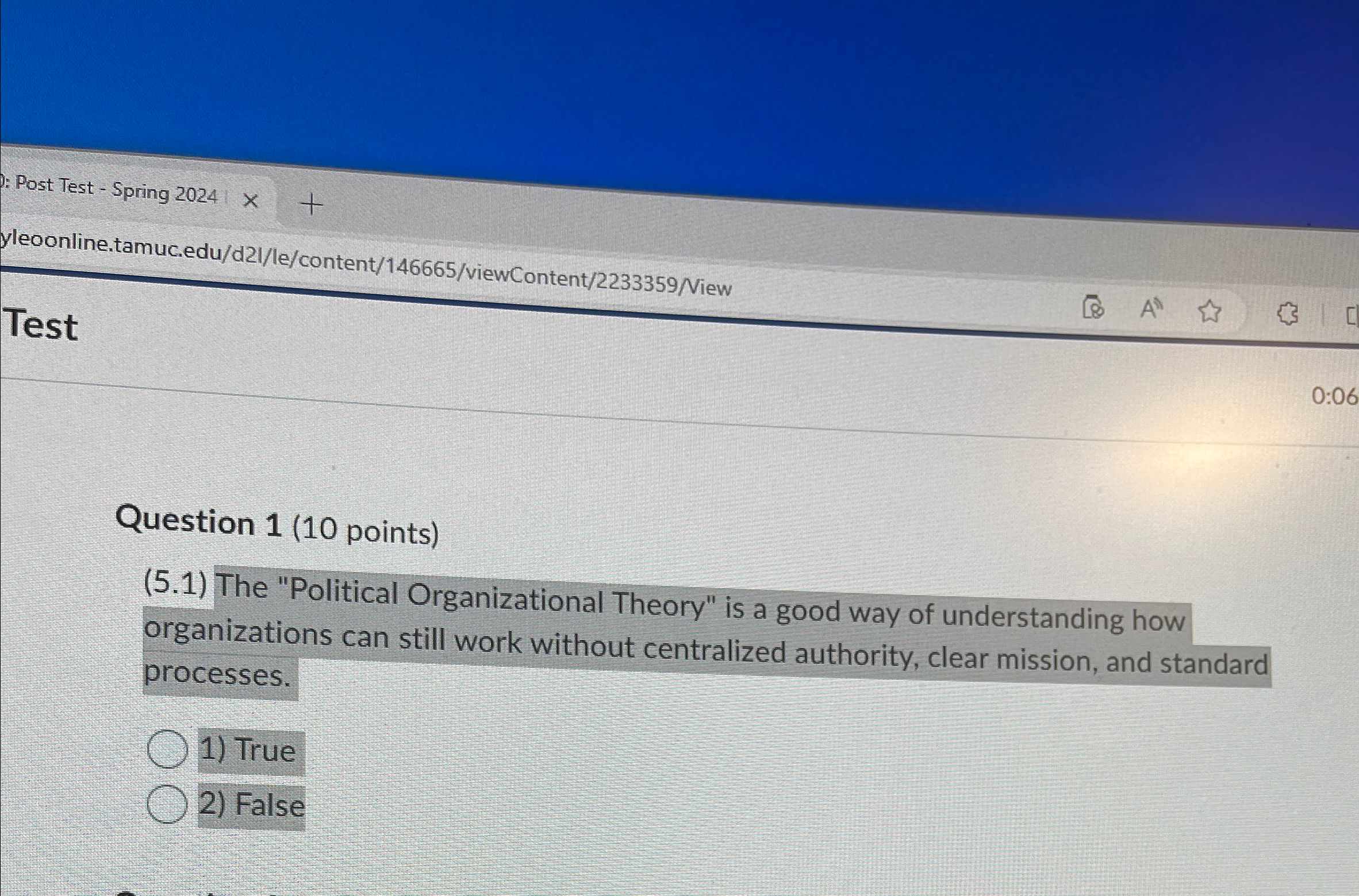  Post Test - Spring 2024 yleoonline.tamuc.edu/d2I/le/content/146665/viewContent/2233359/Niew Test Question 1(10 points) (5.1)